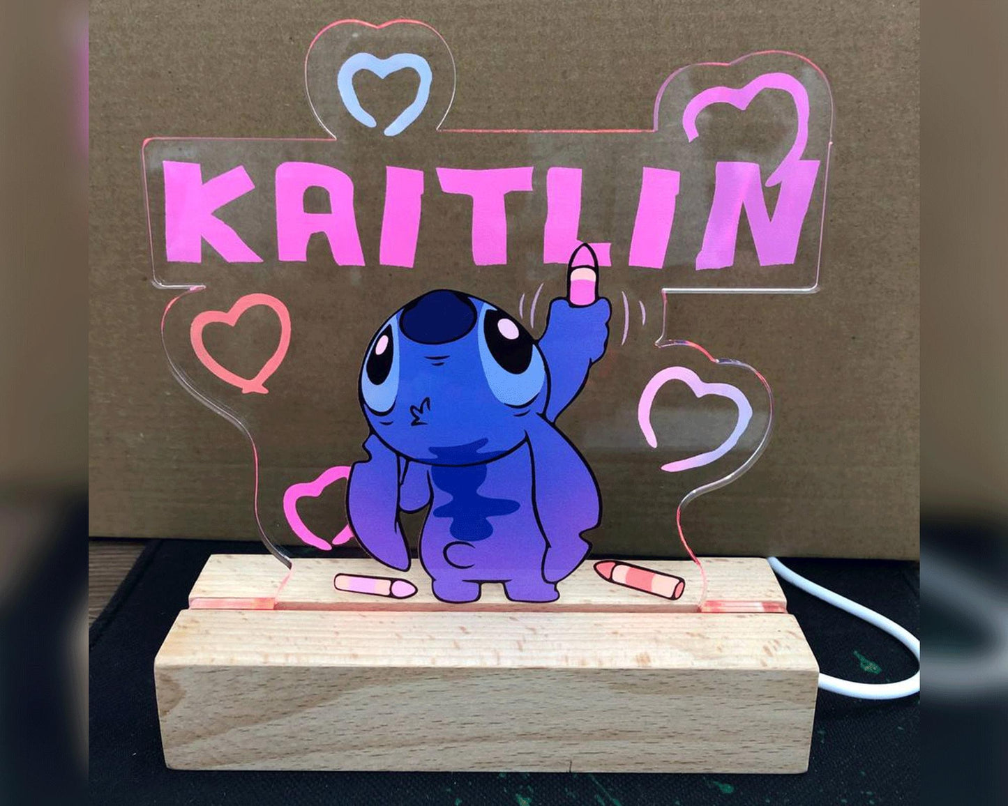 Personalized Stitch Drawing Name Wood Base Led Light, Custom Name Light, Birthday Gift, Stitch Room Decor