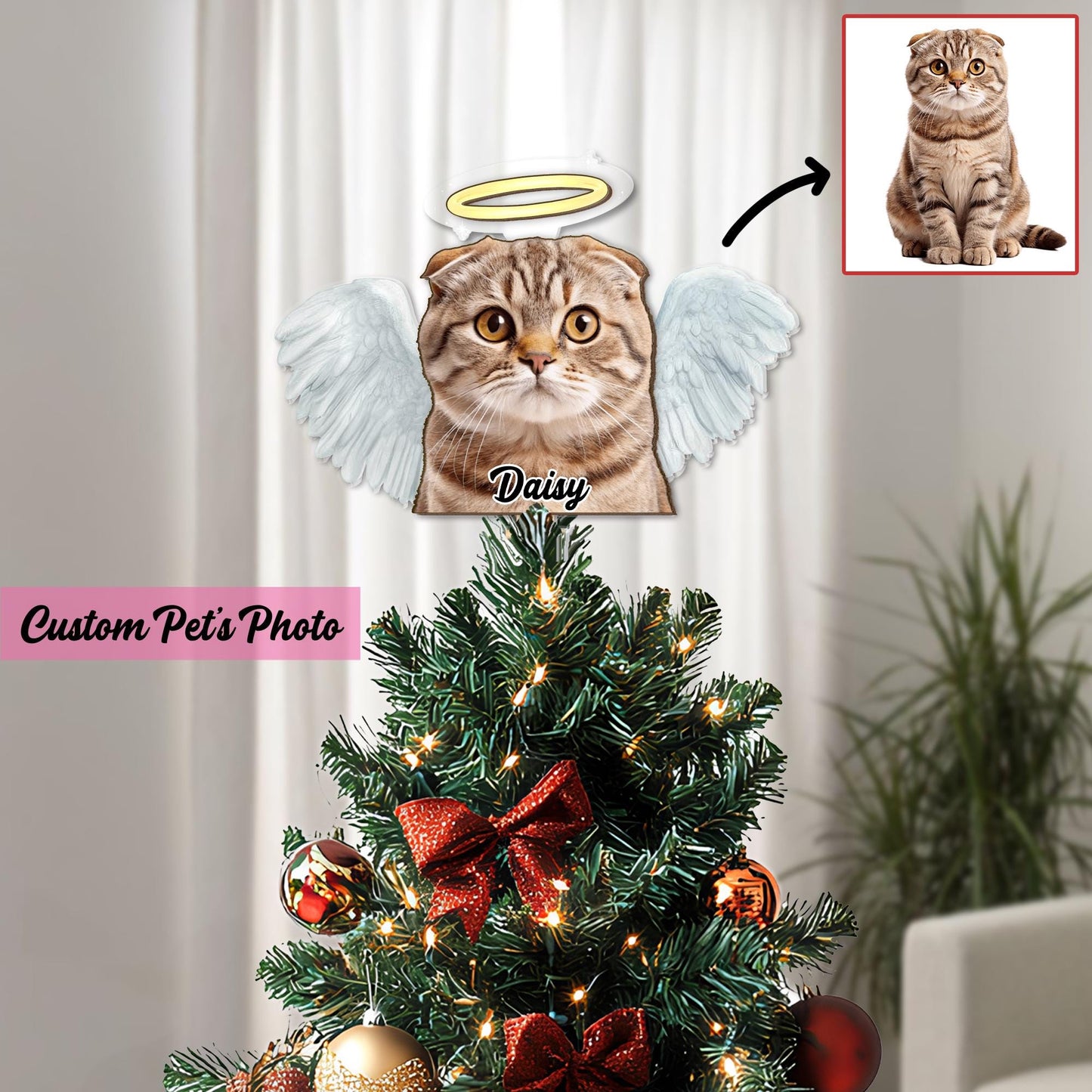 Personalized Pet Photo Tree Topper, Custom Cat Dog Christmas Tree Topper, Angel Dog Tree Topper, Pet Memorial Topper 2025, Pet Loss Topper