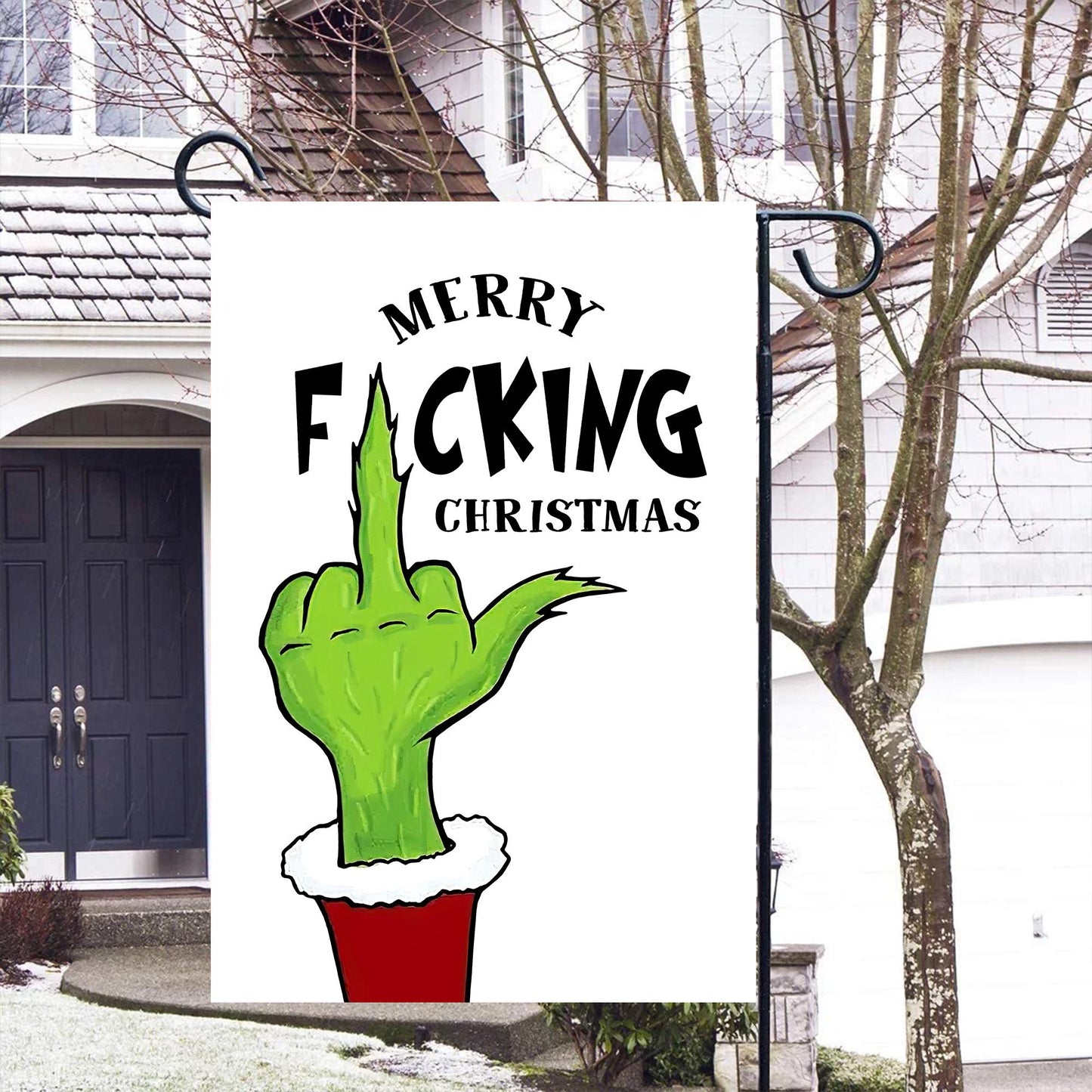 Merry Fuckin' Christmas Garden Flag, Custom Name Funny Grinch Flag, Xmas Iconic Flag, Welcome to Whoville Christmas Flag, Front Door Decor