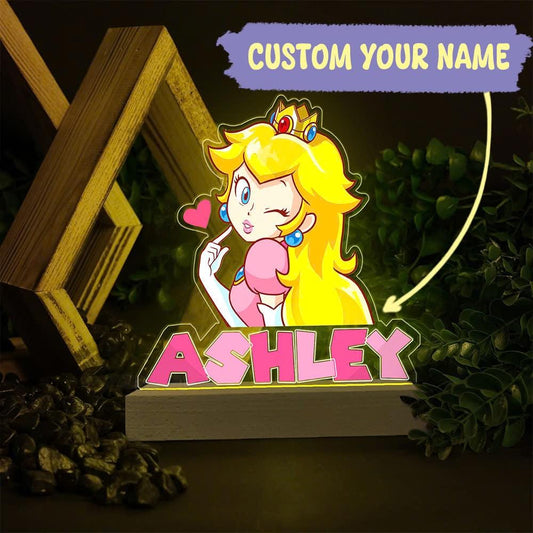 Personalized Princess Peach Mario Wood Base LED Light, Kid Night Light, Custom Name Mario Lamp, Birth Gift, Kid Gift