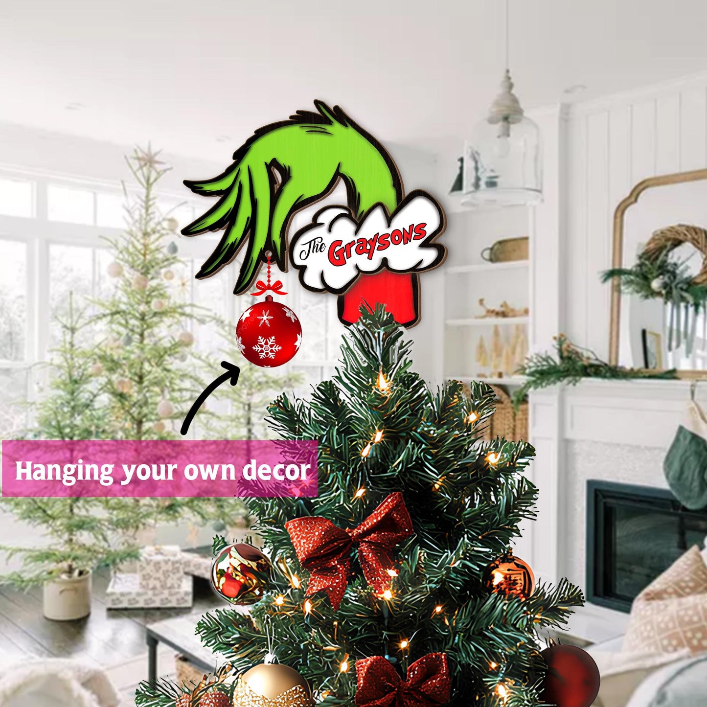 Personalized Grinch Hand Christmas Tree Topper, Custom Family Name