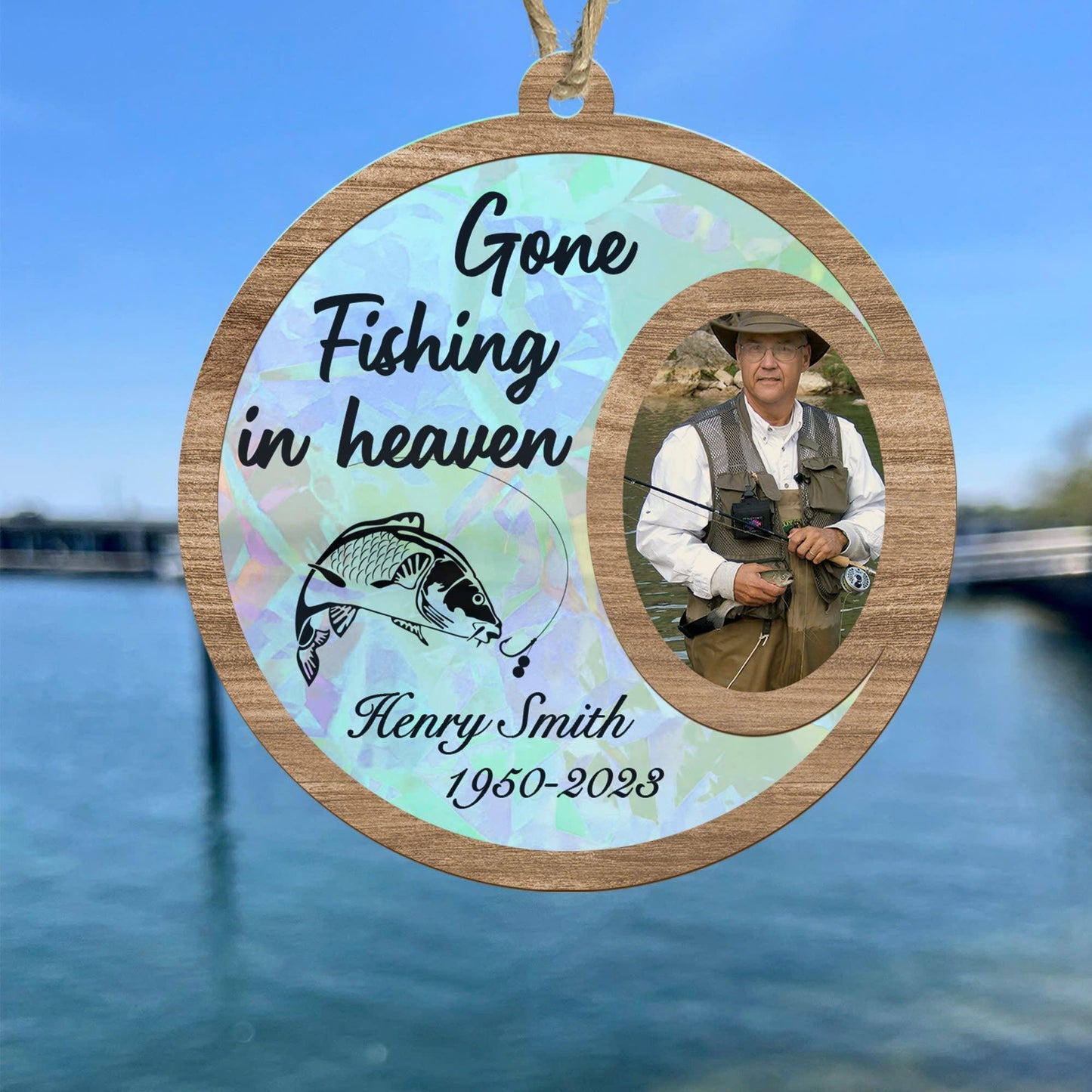 Gone Fishing in Heaven Custom Photo Suncatcher Ornament, Person Passing Memorial Ornament, Personalized Photo Souvenir for Fisher