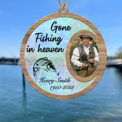 Gone Fishing in Heaven Custom Photo Suncatcher Ornament, Person Passing Memorial Ornament, Personalized Photo Souvenir for Fisher