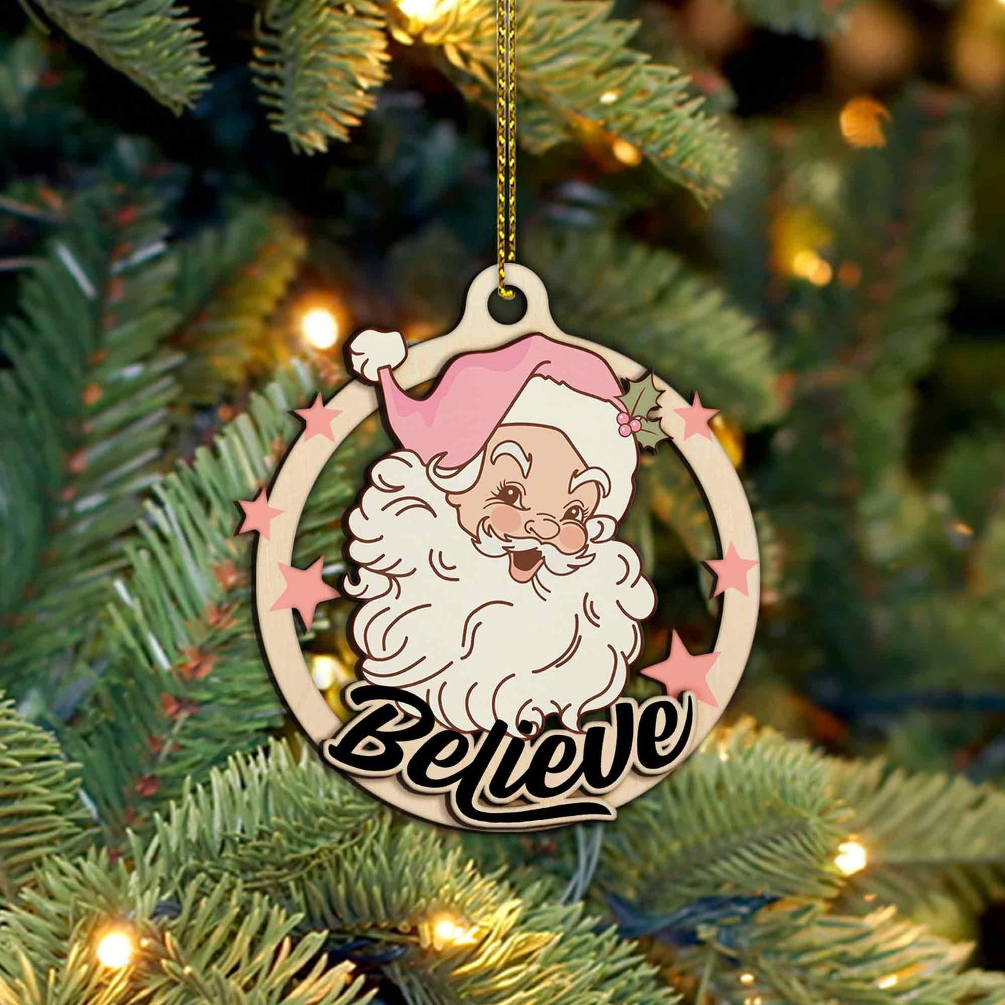 WEBTEST Pink Santa Ornament: Believe in Magic Wooden Christmas Tree Hanging