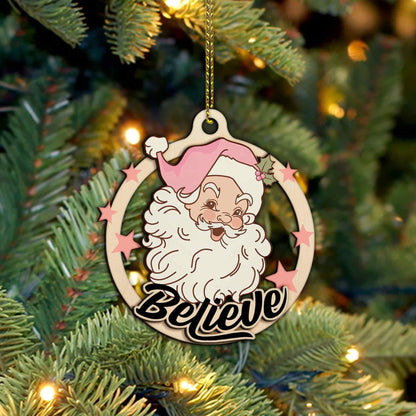 WEBTEST Pink Santa Ornament: Believe in Magic Wooden Christmas Tree Hanging